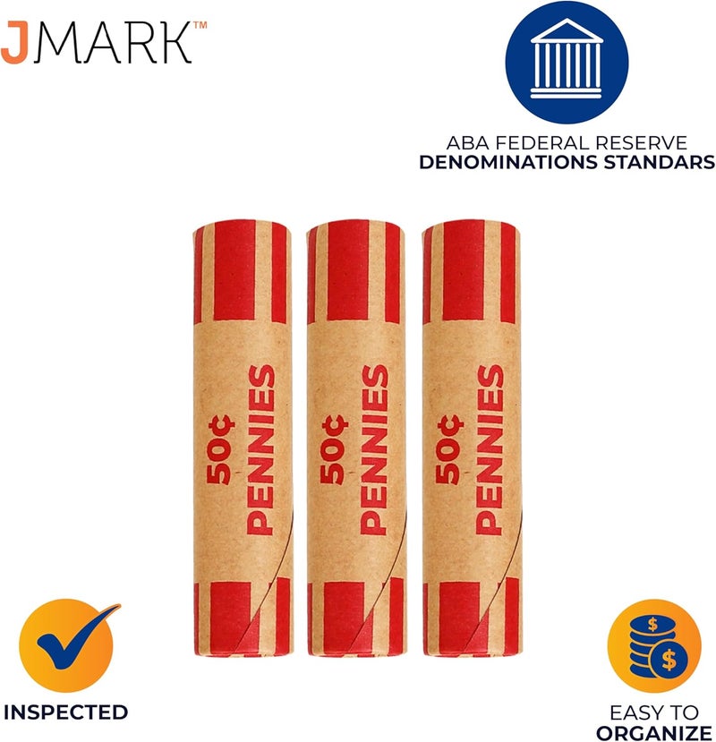 J MARK Burst Resistant Preformed Penny Coin Roll Wrappers, Made in USA, 28-Count Heavy Duty Penny Wrappers for Coins Cartridge-Style Coin Roller Tubes, Includes Coin Deposit Slip - Image 4